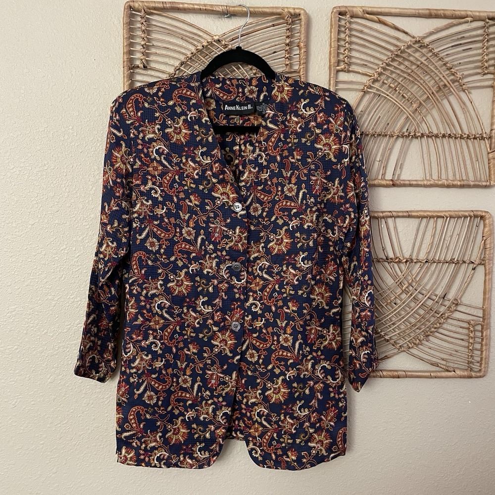 Vintage Anne Klein II‎ Silk Button Up Blouse Tunic Paisley 80s 90s Classic 12 B6